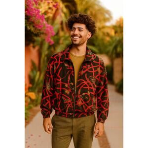 VINTAGE EVR Silk Bomber Jacket Red Gold Chain Print 80s Streetwear Men's M